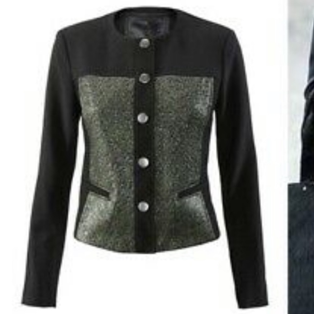 CAbi Mixed Media Black Green Shimmer Accent Button Down Blazer #3036 Size M